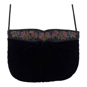 Vintage Jessica McClintock Purse Black Beaded Velvet Evening‎ Bag Strap Zipper